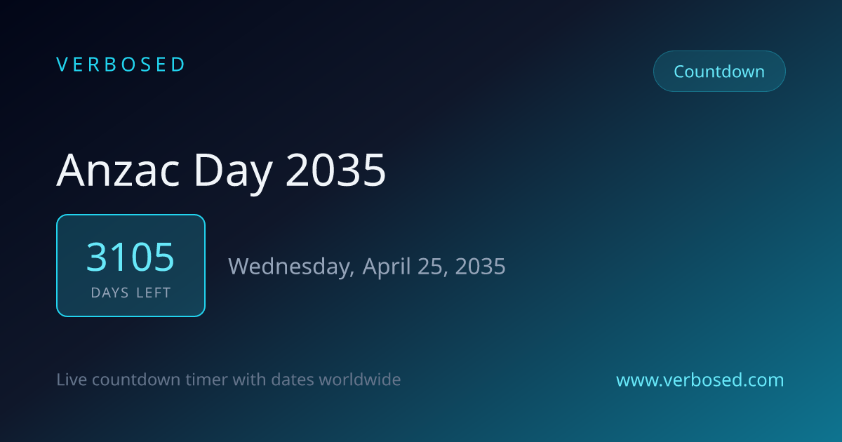 Days Until ANZAC Day 2035 - Countdown Timer | Verbosed