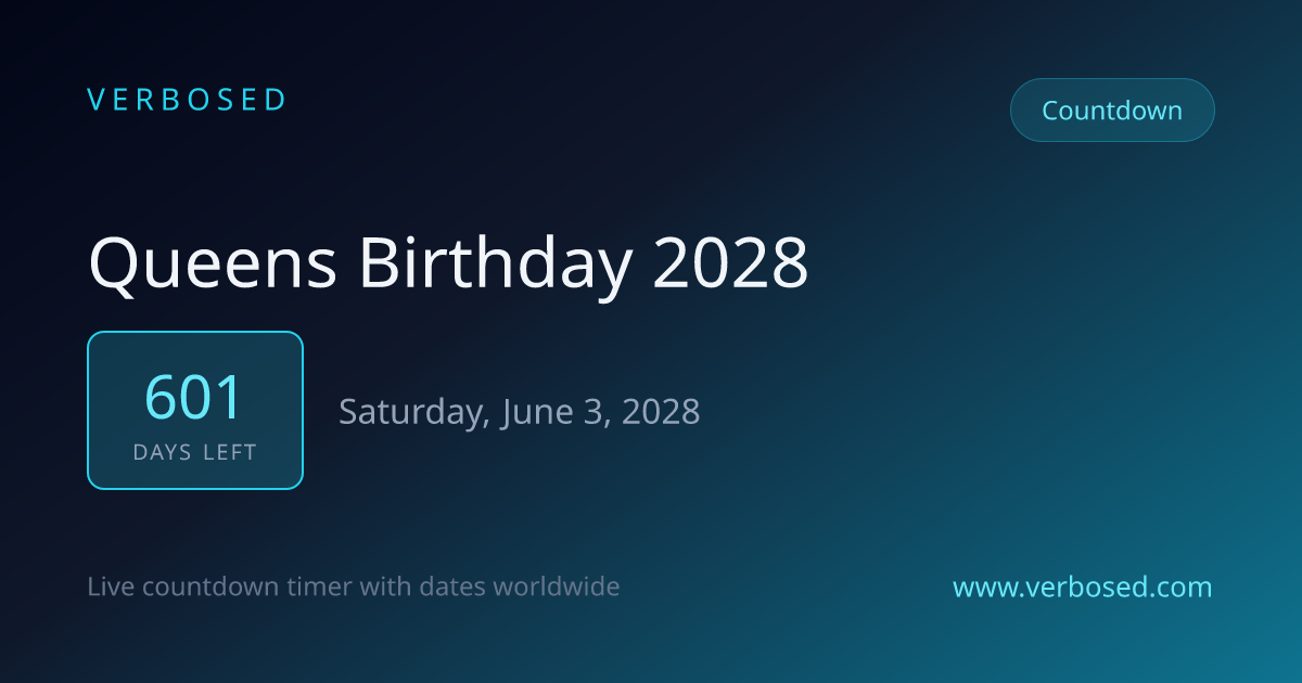 Days Until Queen's Birthday 2028 - Countdown Timer | Verbosed